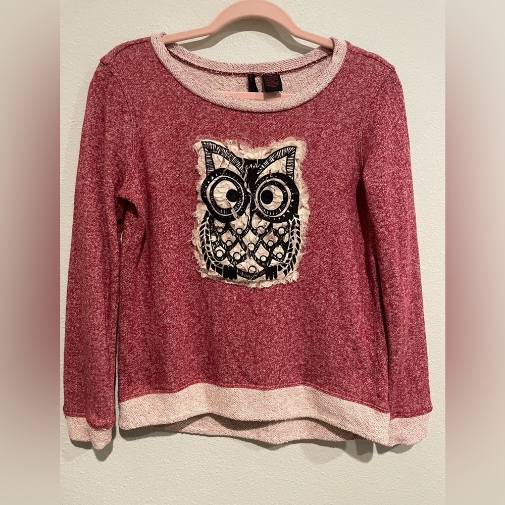 Heart-n-crunch Owl distressed novelty sweatshirt.  Size M